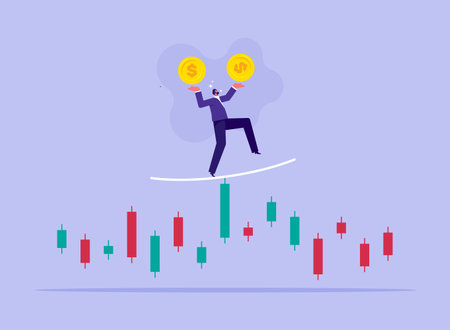 Balance or risk management on stock market concept, reduce of mistakes investment damage that may occur under uncertain circumstances, businessman tries to balance his capital in the stock marketのイラスト素材