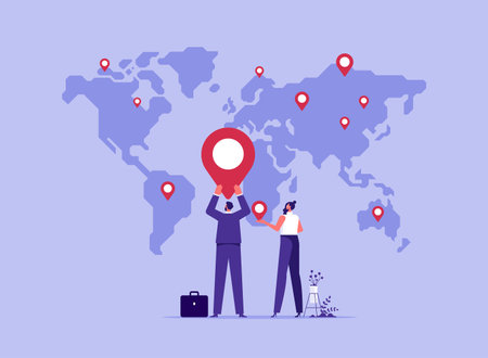 Grow business in a global or global expansion strategy concept, business team putting pin new branch on global world mapのイラスト素材