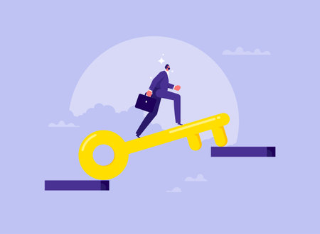Concept of solution to problem solving. businessman using key instead of bridge and jumping over abyss symbolizing success, right solutions. , business, right decision, plan, success, good workのイラスト素材