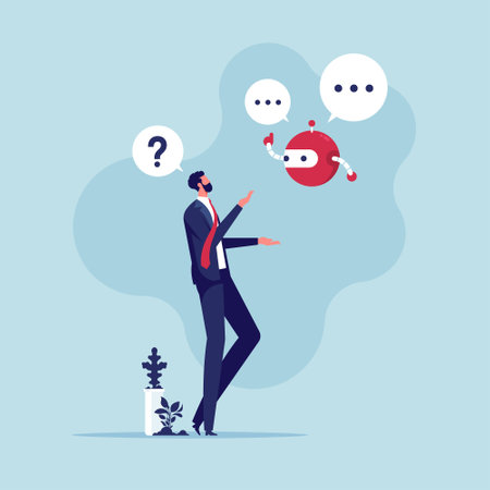 Businessman using AI to answer a question, businessman gives a prompt to a chat bot, uses a virtual assistant for work to answer a question, artificial intelligenceのイラスト素材
