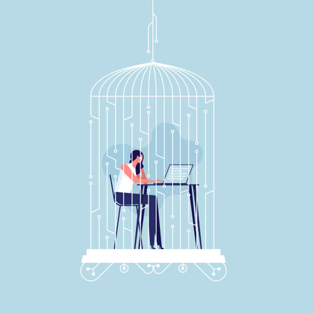 Digital detox and internet addiction bundle concept, businesswoman working on computer in the bird cage, need digital detox. Problems of cyber dependence. Mental burdenのイラスト素材