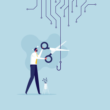 Businessman uses scissors cut off fishing hooks. Fight against scam, internet phishing. Smart user does not become victim of scammers and thievesのイラスト素材