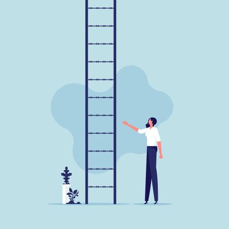 Gender barrier, woman career obstacle or inequality, limitation or discrimination, effort to overcome difficulty, climbing ladder with obstacle conceptのイラスト素材