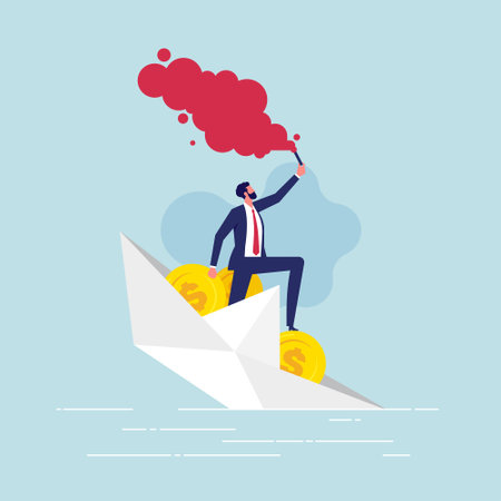 Businessman sends SOS signal, located on sinking paper ship, concept of business disaster and bankruptcy. Girl with smoke bomb to give sos signal, asking for help in time of crisisのイラスト素材
