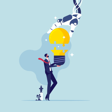 Collaboration between humans and artificial intelligence or AI, Changing work processes for organizational development, Businessman putting together an idea lightbulb jigsaw puzzle with a robot handのイラスト素材
