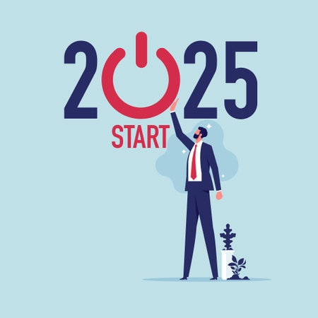 Businessman pushing start button to start up new business in 2025. Launch start up company in 2025, Improvement, change managementのイラスト素材