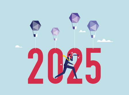 Year 2025 business outlook, businessman flies with 2025 balloons looking for investment opportunities. Business and finance illustration conceptのイラスト素材