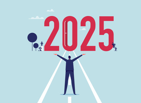 Motivation path concepts to success of business goals for 2025 year, businessman look at a future doorway for 2025 yearのイラスト素材