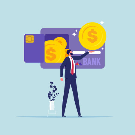 Debit or credit card concept, financial operations, transactions, investments and cash and non-cash money turnover, businessman holding big money coin with credit cardのイラスト素材