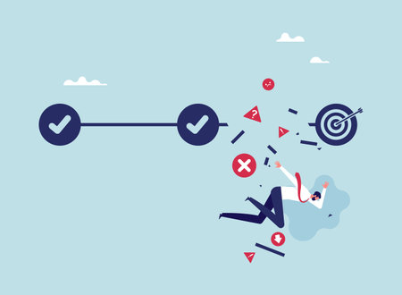 Concept of failed process or task was unsuccessful, failed to progress to the next stage, failure and mistake, businessman falling and unable to reach the goalのイラスト素材