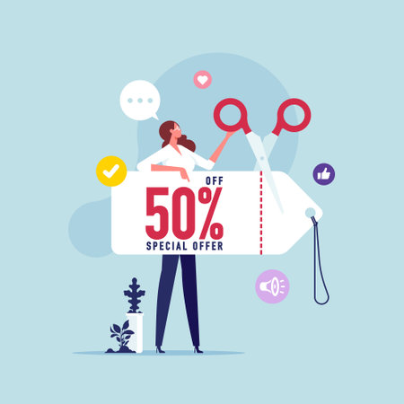 Woman communicate with audience. Social media promotion, offering sale and discount, sale and discountのイラスト素材