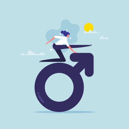 Women defending their rights concept, problem of gender inequality in business, breaking barriers of inequality, feminism, overcoming women's obstaclesのイラスト素材