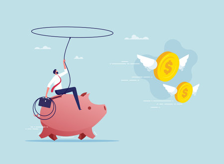 Saving money for the future or money management concept, businessman riding piggy bank catching flying dollar coins money using rope lasso, save money into a piggy bankのイラスト素材