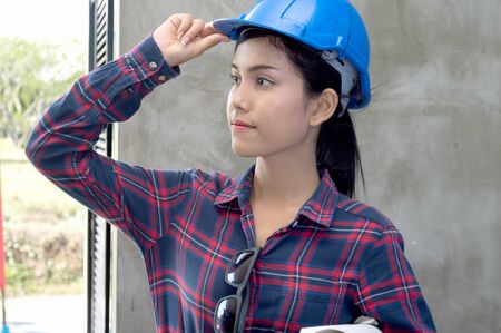 beautiful woman civil engineer close up portraitの写真素材