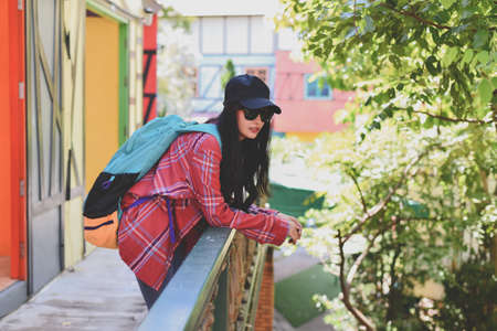 Beautiful girls are traveling abroad with fun.の写真素材