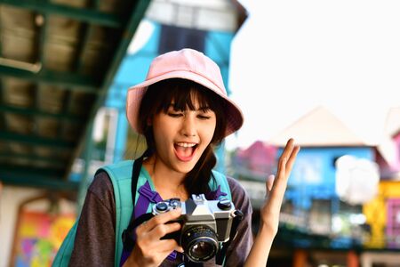 Beautiful girls are traveling abroad with fun.の写真素材