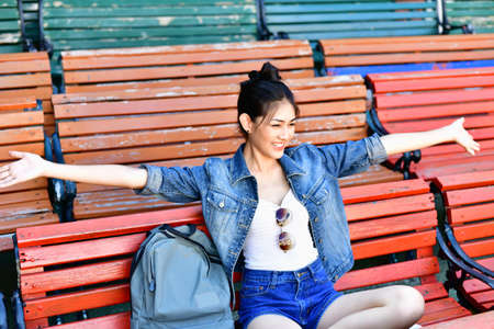 Beautiful girls are traveling abroad with fun.の写真素材