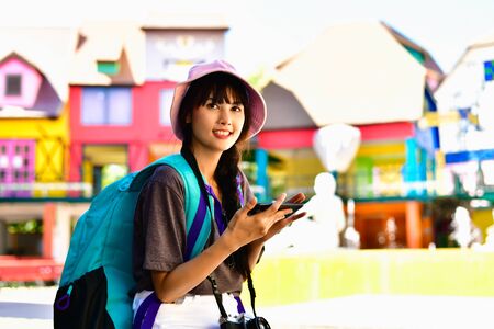 Beautiful girls are traveling abroad with fun.の写真素材