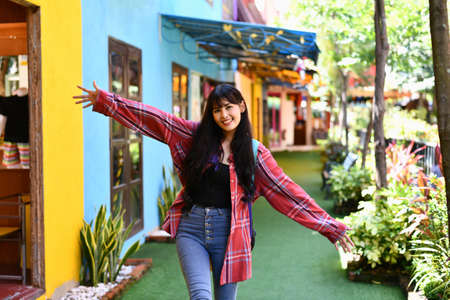 Beautiful girls are traveling abroad with fun.の写真素材