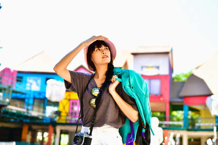 Beautiful girls are traveling abroad with fun.の写真素材