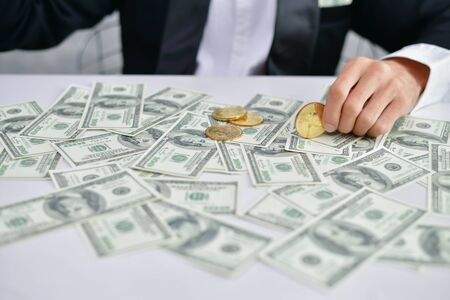 Concept Very wealthy businessman. Businessman is happy with his money.A businessman showing his money.の写真素材