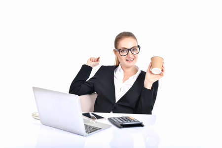 Business Concept. Beautiful young businesswoman looks charming and trustworthy. Young businesswoman has leadership on a white background. Young businesswoman is working happily.の写真素材