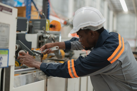 Engineer is repairing machinery in factory. He is checking the operation of the engine.の写真素材