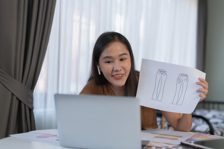 Asian woman talking with customer using laptop in home.の写真素材
