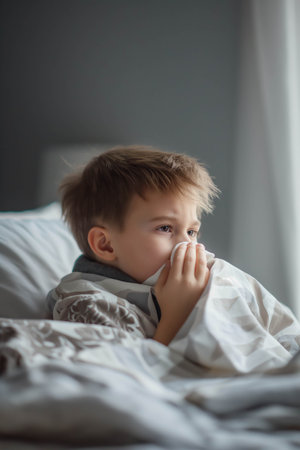 Caucasian boy blows his nose in bed ,The nose doesn't stop running.の素材