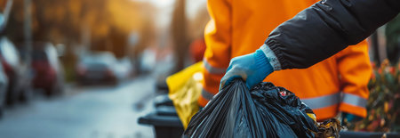 Close-up of the hand of a garbage collector in the city.の素材