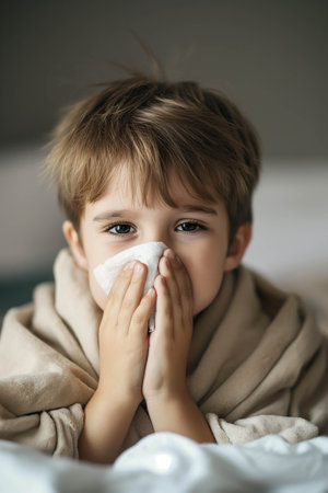 Caucasian boy blows his nose in bed ,The nose doesn't stop running.の素材