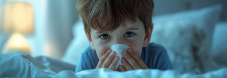 Caucasian boy blows his nose in bed ,The nose doesn't stop running.の素材