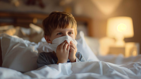 Caucasian boy blows his nose in bed ,The nose doesn't stop running.の素材