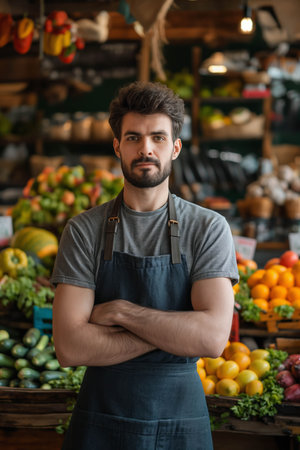 Caucasian male fruit vendor folds his arms over his chest with confidence.の素材