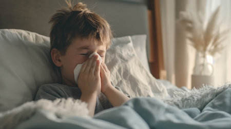 Caucasian boy blows his nose in bed ,The nose doesn't stop running.の素材
