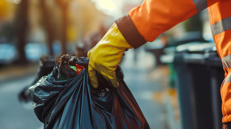 Close-up of the hand of a garbage collector in the city.の素材