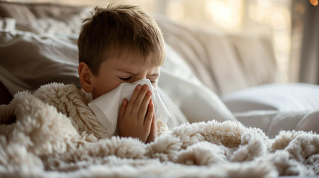 Caucasian boy blows his nose in bed ,The nose doesn't stop running.の素材