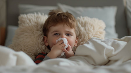 Caucasian boy blows his nose in bed ,The nose doesn't stop running.の素材