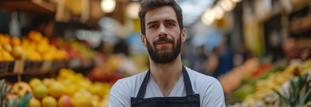 Caucasian male fruit vendor folds his arms over his chest with confidence.の素材