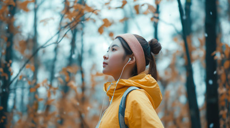 Asian woman in exercise clothes listening to music in the park.の素材