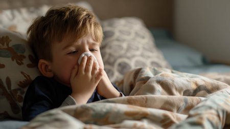 Caucasian boy blows his nose in bed ,The nose doesn't stop running.の素材