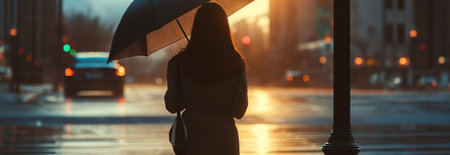 Rear view of woman holding umbrella in city when it rains.の素材