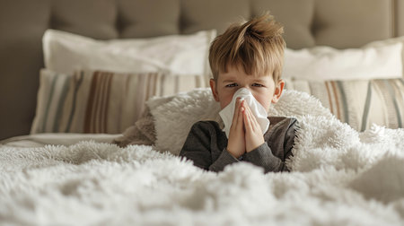 Caucasian boy blows his nose in bed ,The nose doesn't stop running.の素材