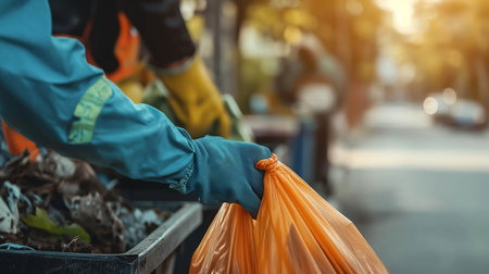 Close-up of the hand of a garbage collector in the city.の素材