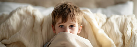 Caucasian boy blows his nose in bed ,The nose doesn't stop running.の素材