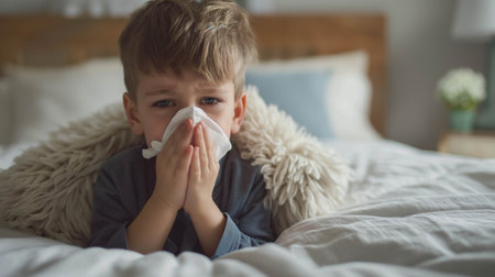 Caucasian boy blows his nose in bed ,The nose doesn't stop running.の素材