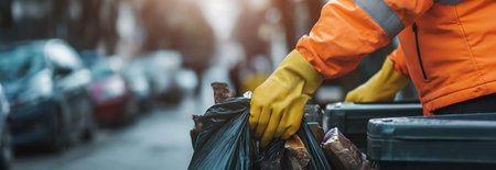Close-up of the hand of a garbage collector in the city.の素材