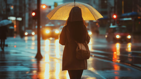 Rear view of woman holding umbrella in city when it rains.の素材