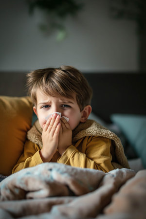 Caucasian boy blows his nose in bed ,The nose doesn't stop running.の素材