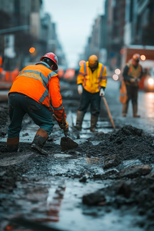 Workers are repairing roads in the city.の素材
